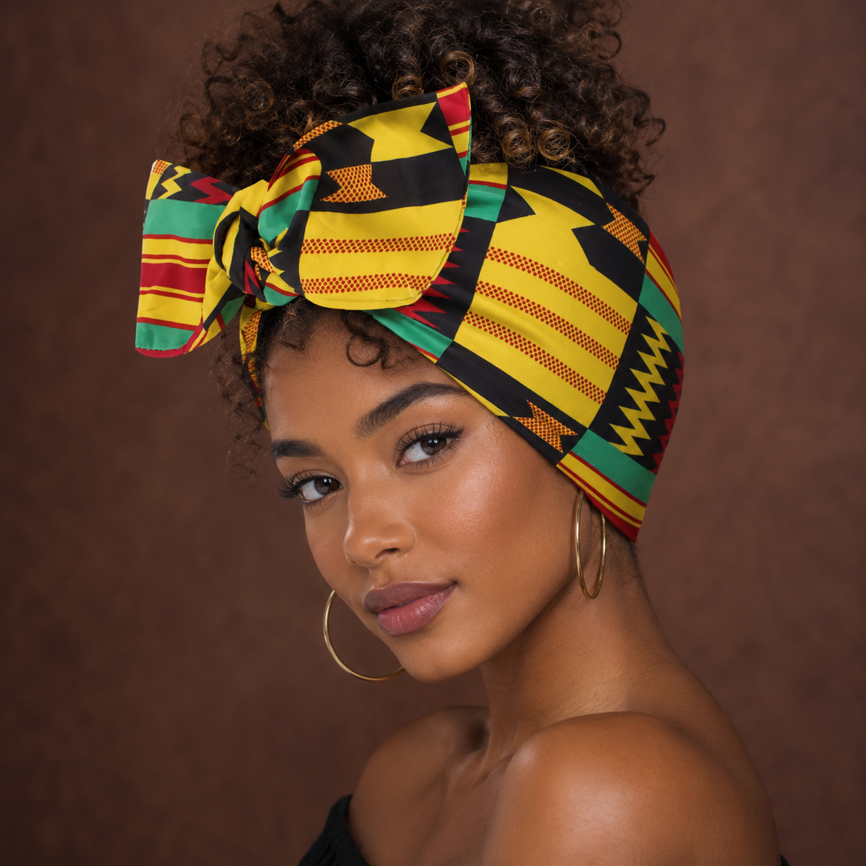 Bandeau wax africain Kente jaune porté avec nœud — imprimé kente traditionnel — Cissey Clothing