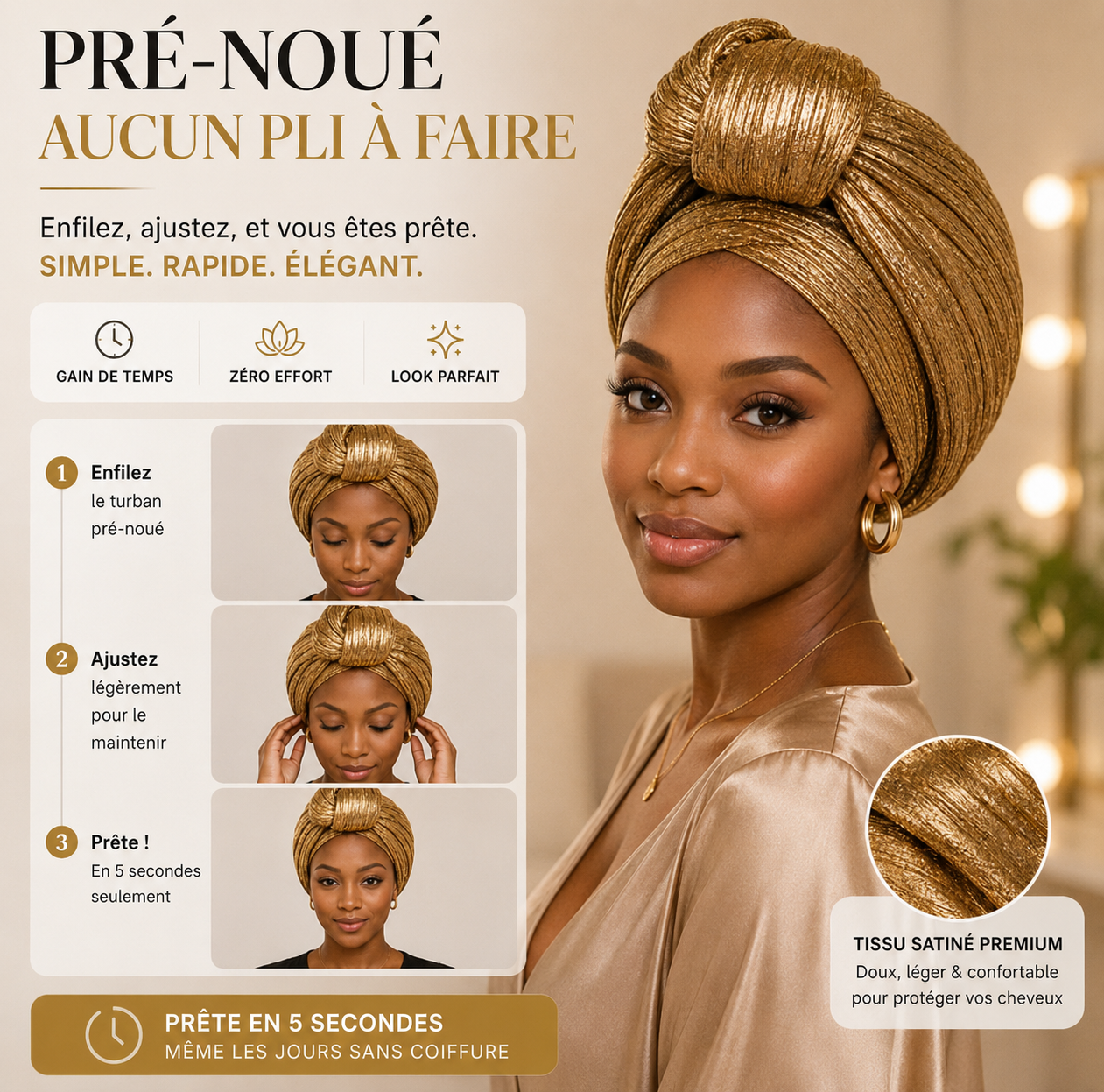 Turban glam knot porté femme – style africain moderne élégant
