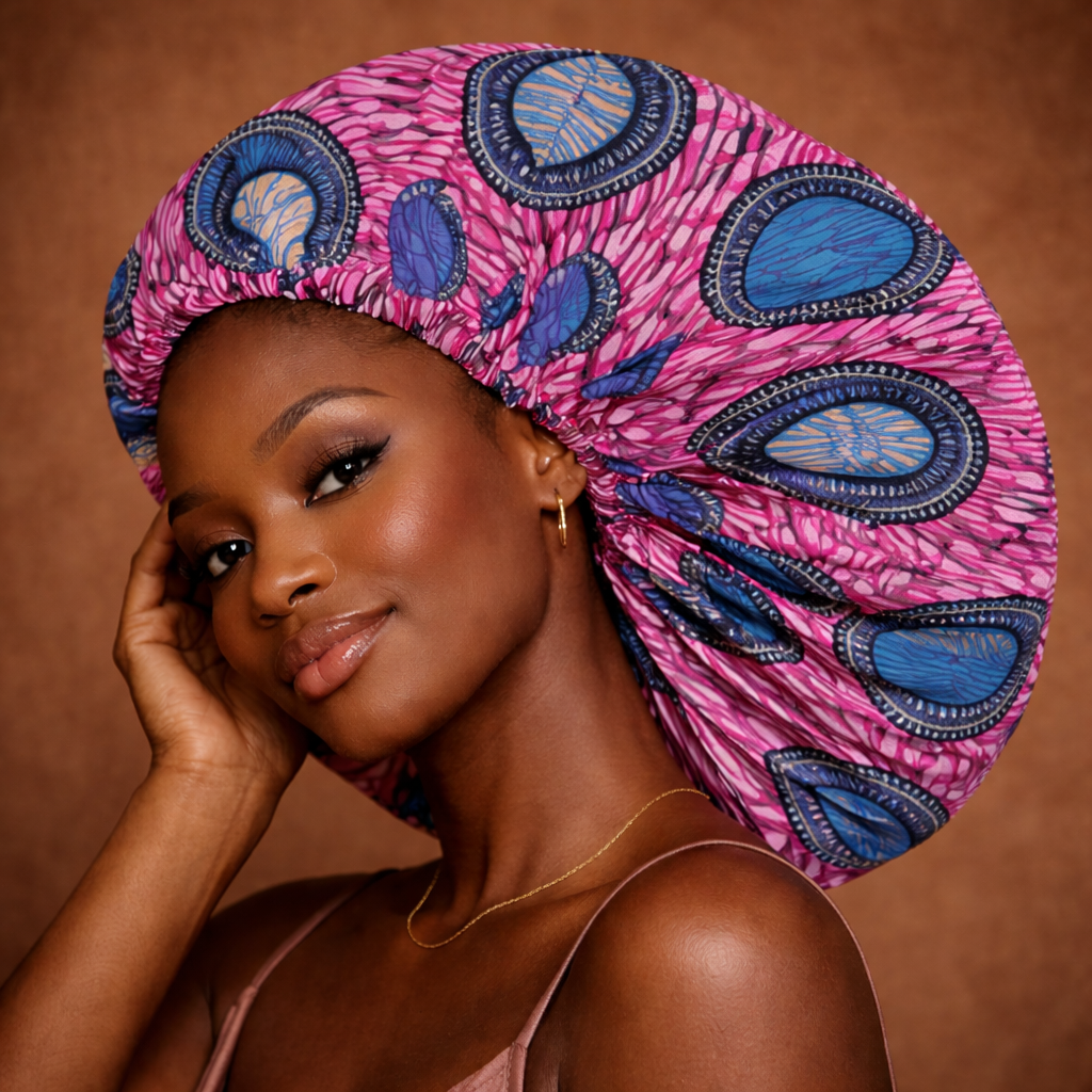 Bonnet wax africain réversible vue de côté coiffure afro — Cissey Clothing