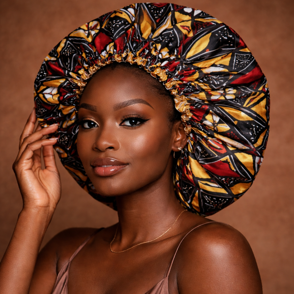 Bonnet en satin wax réversible motif africain – protection cheveux naturels bouclés et crépus