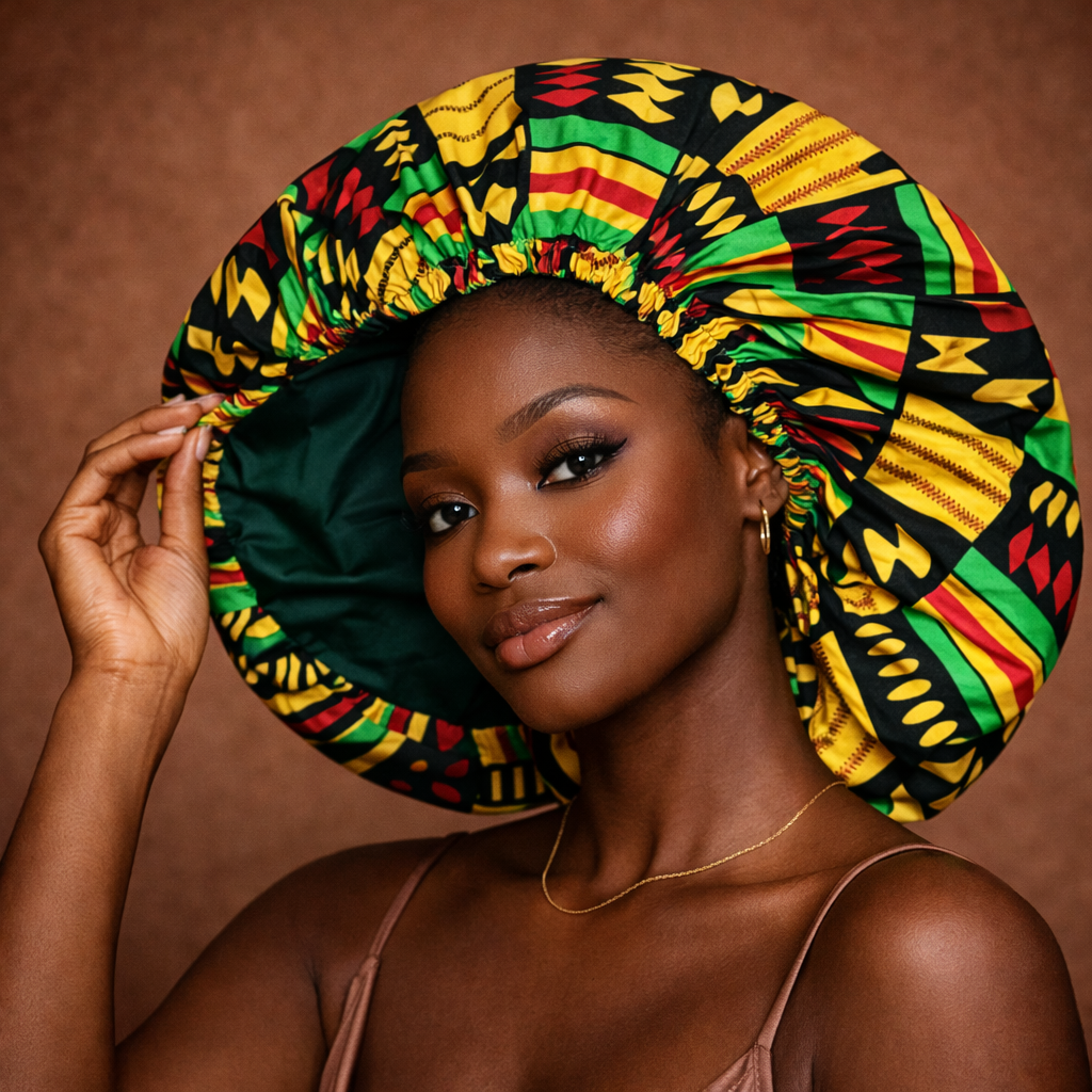 Texte alternatif : Bonnet satin wax réversible vert imprimé africain — cheveux naturels — Cissey Clothing
motif africain coloré