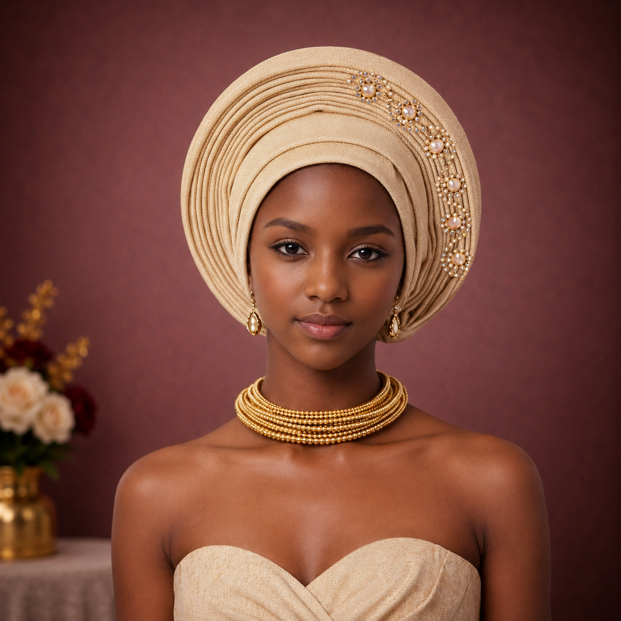 Glam Gélé mariage tons beige et crème avec bijoux traditionnels — Cissey Clothing