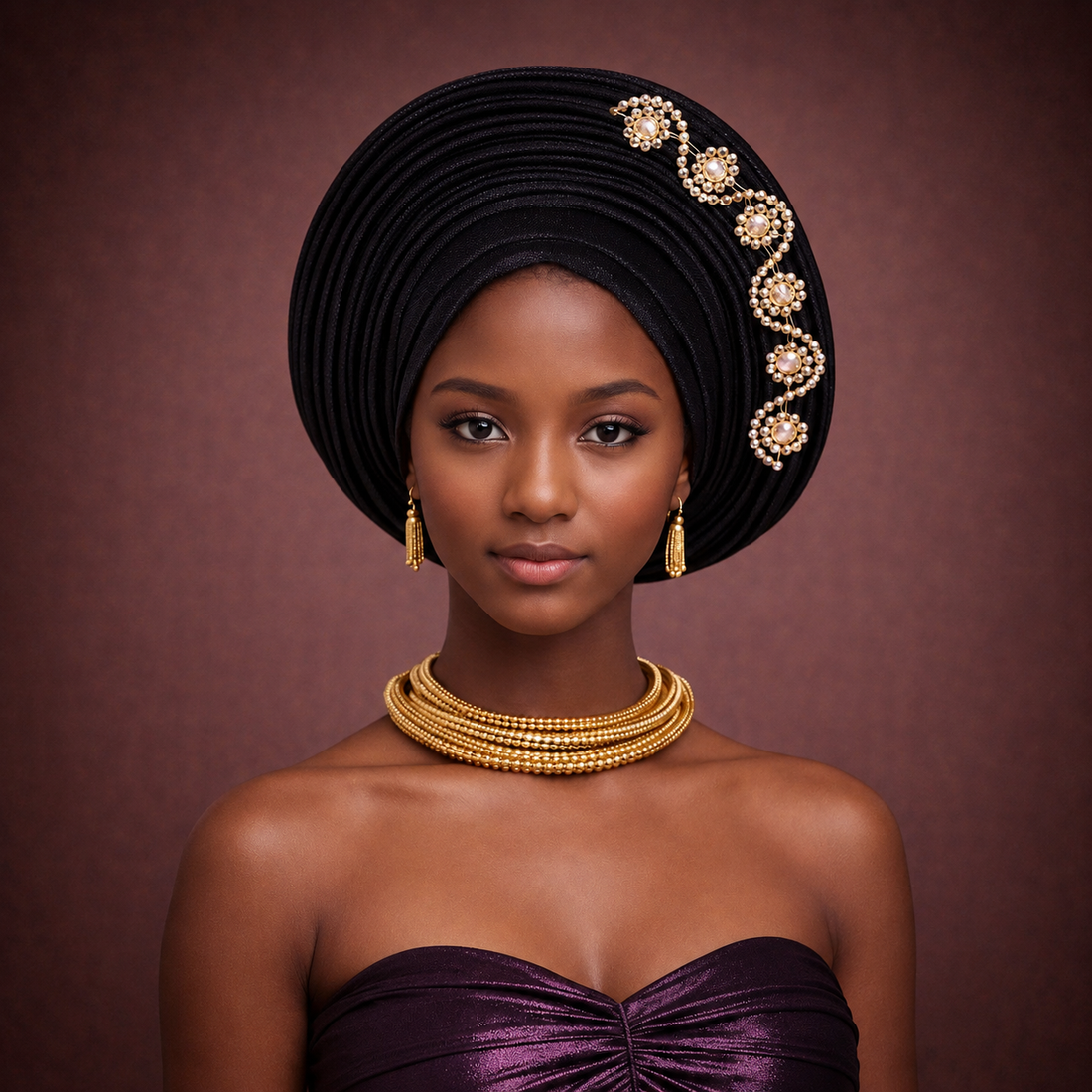 Gelé nigérian noir et or cérémonie de mariage — Cissey Clothing
