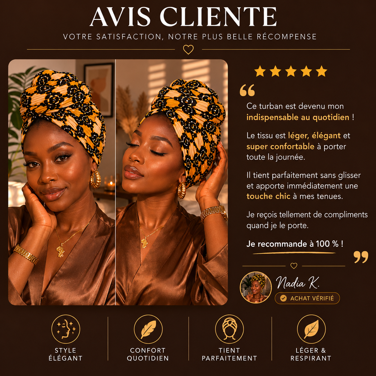 Avis cliente turban Ankara Empress Cissey Clothing — style élégant et confort quotidien
