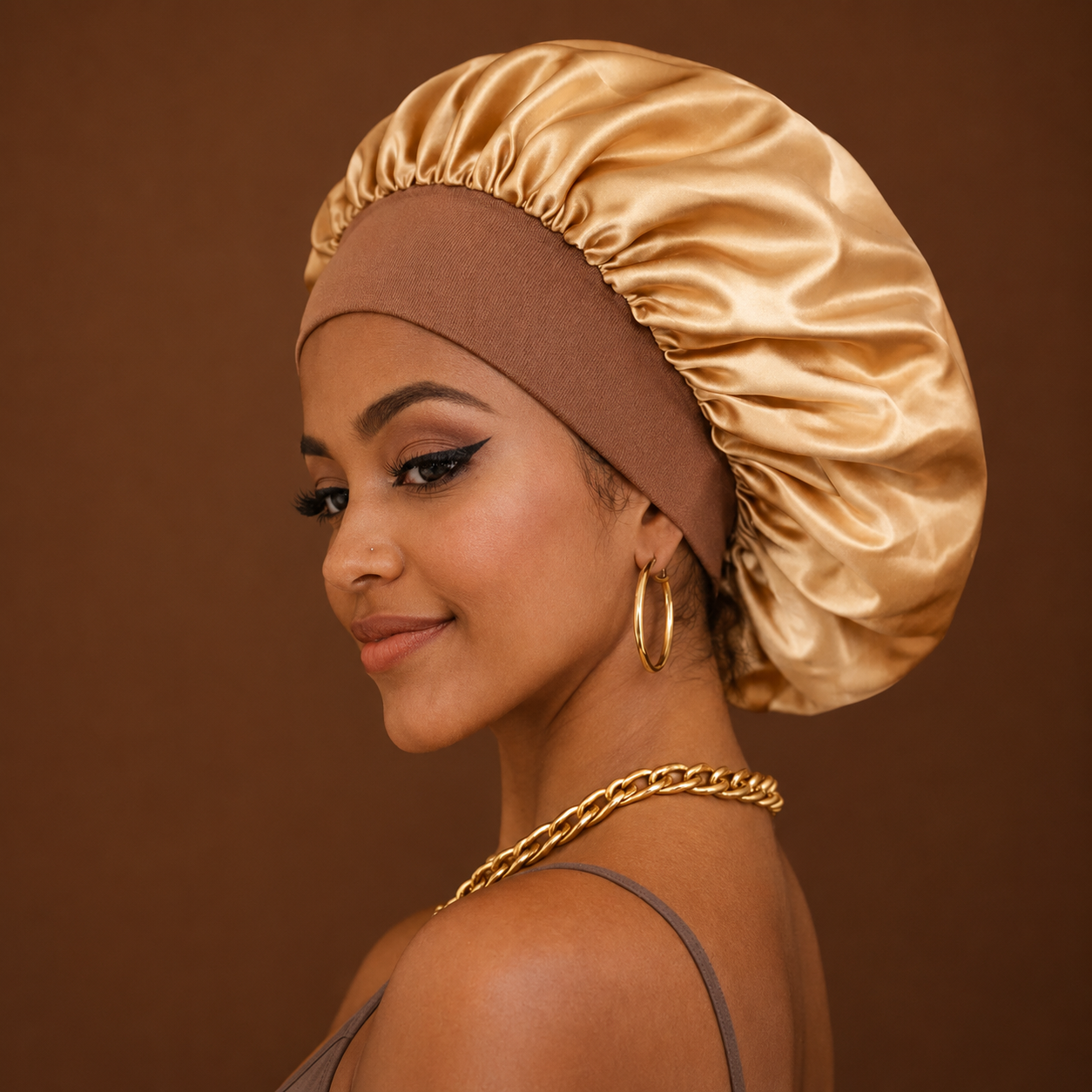 Bonnet satin nuit porté – préserve hydratation cheveux bouclés