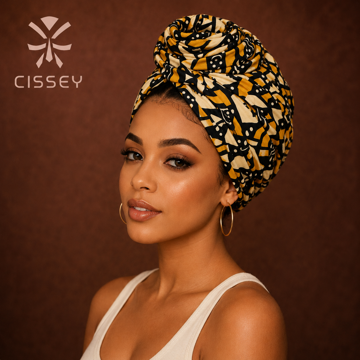 Turban Ankara Empress pré-noué imprimé or noir et crème — Cissey Clothing