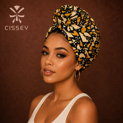 Turban Ankara Empress pré-noué imprimé or noir et crème — Cissey Clothing
