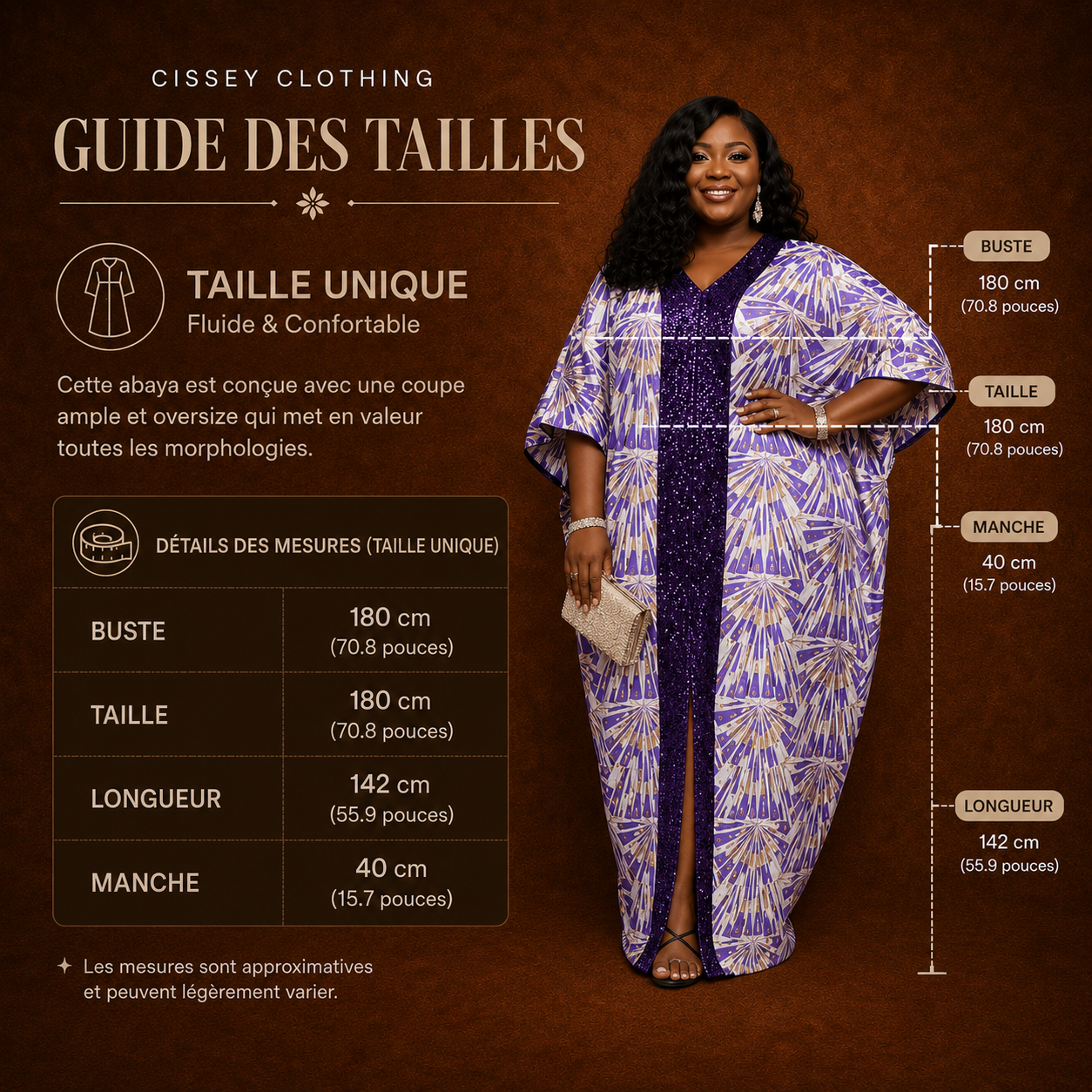 Guide de la taille du abaya violet cissey clothing