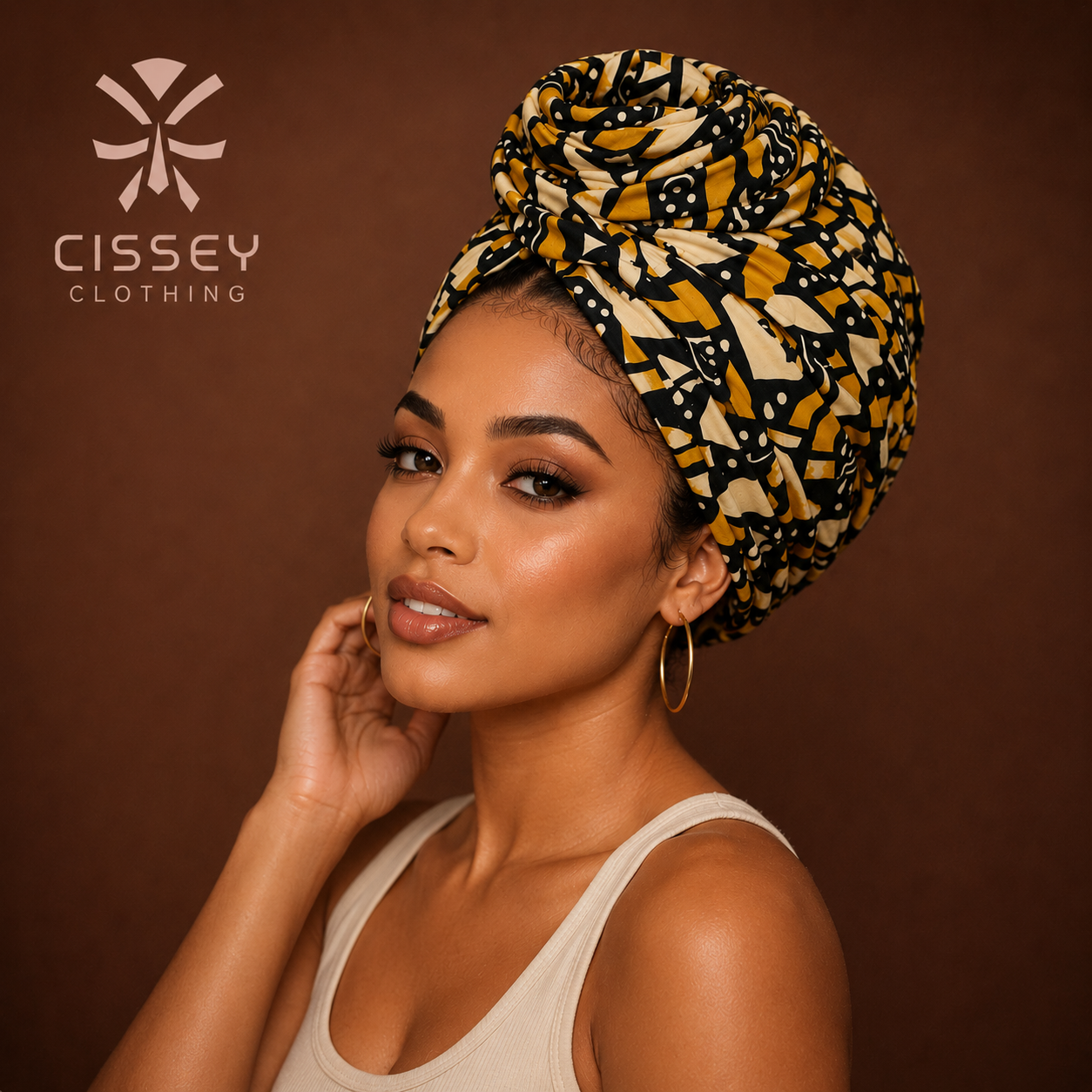 Turban Ankara Empress vue de côté pré-noué imprimé or noir — Cissey Clothing