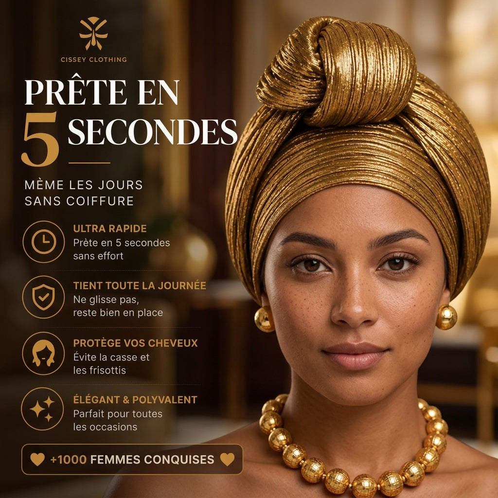 Turban Glam Knot satin doré – prête en 5 secondes mariage cérémonie
