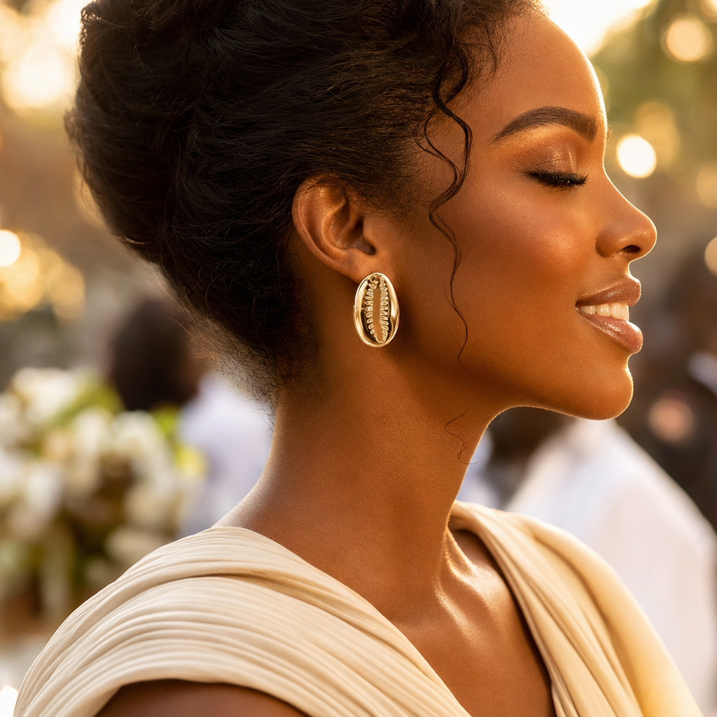 Boucles d'Oreilles Cauri portées invitée mariage — Cissey Clothing
