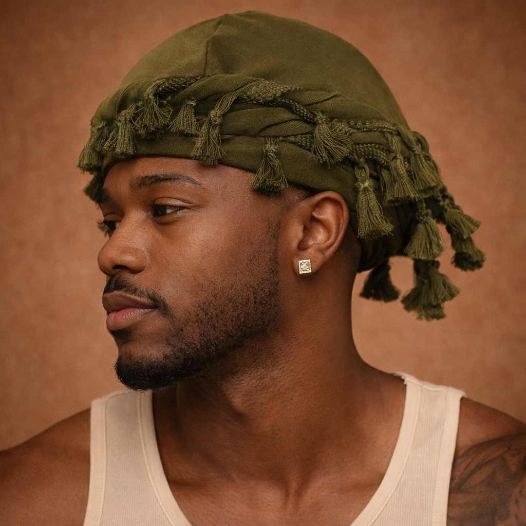 Bonnet satin homme porté de face – cheveux dreadlocks et crépus