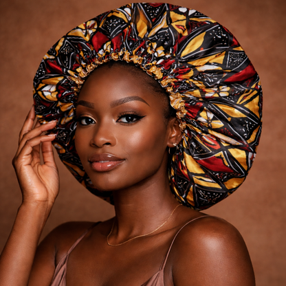 Bonnet en satin wax réversible motif africain – protection cheveux naturels bouclés et crépus