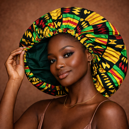 Bonnet satin wax réversible vert imprimé africain cheveux naturels — Cissey Clothing