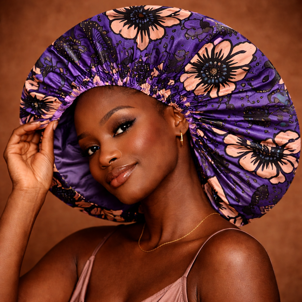 Bonnet satin wax réversible violet imprimé africain anti-frisottis — Cissey Clothing