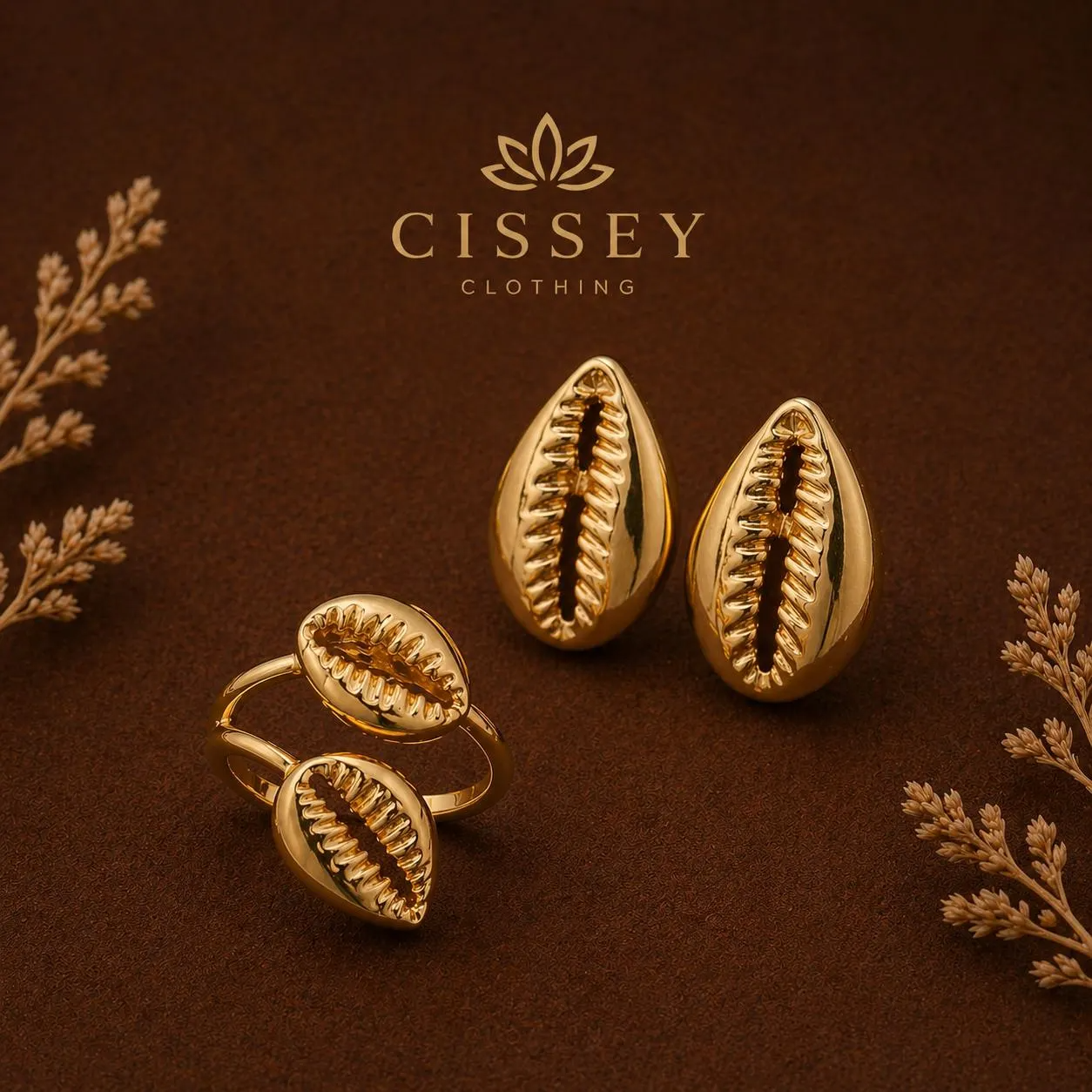 Set boucles d'oreilles et bague coquillage cauri dorées — Cissey Clothing