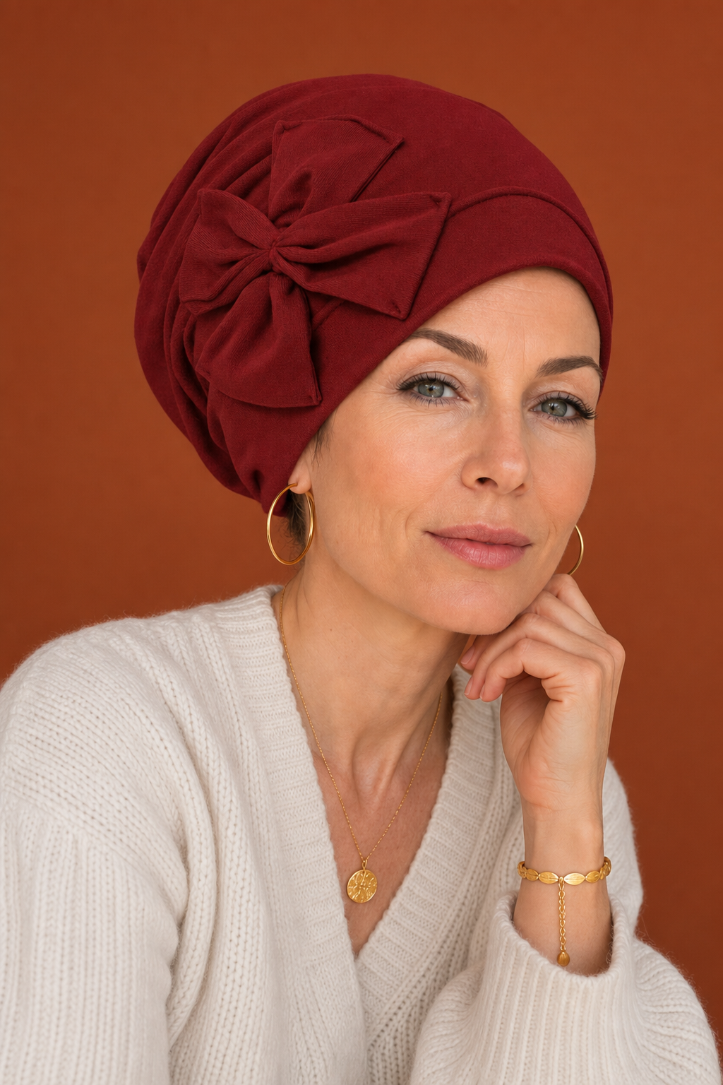 Turban Soft Grace bordeaux porté, grand nœud plissé sur le côté