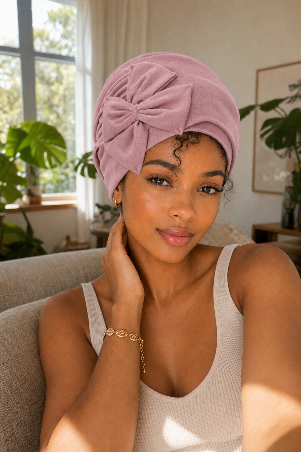 Turban Soft Grace rose poudré porté à la maison