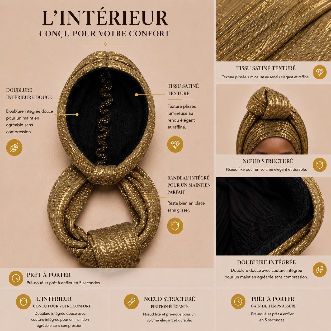 Intérieur satin premium Turban Glam Knot protection anti-casse anti-frisottis — Cissey Clothing