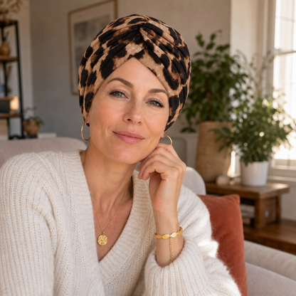 Turban Savane léopard porté en intérieur, lumière naturelle