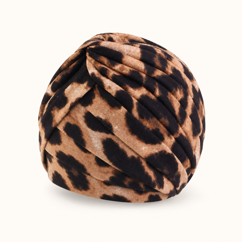 Turban Savane léopard seul, torsade croisée, fond crème