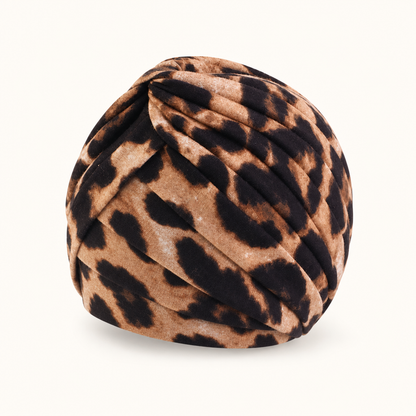 Turban Savane léopard seul, torsade croisée, fond crème