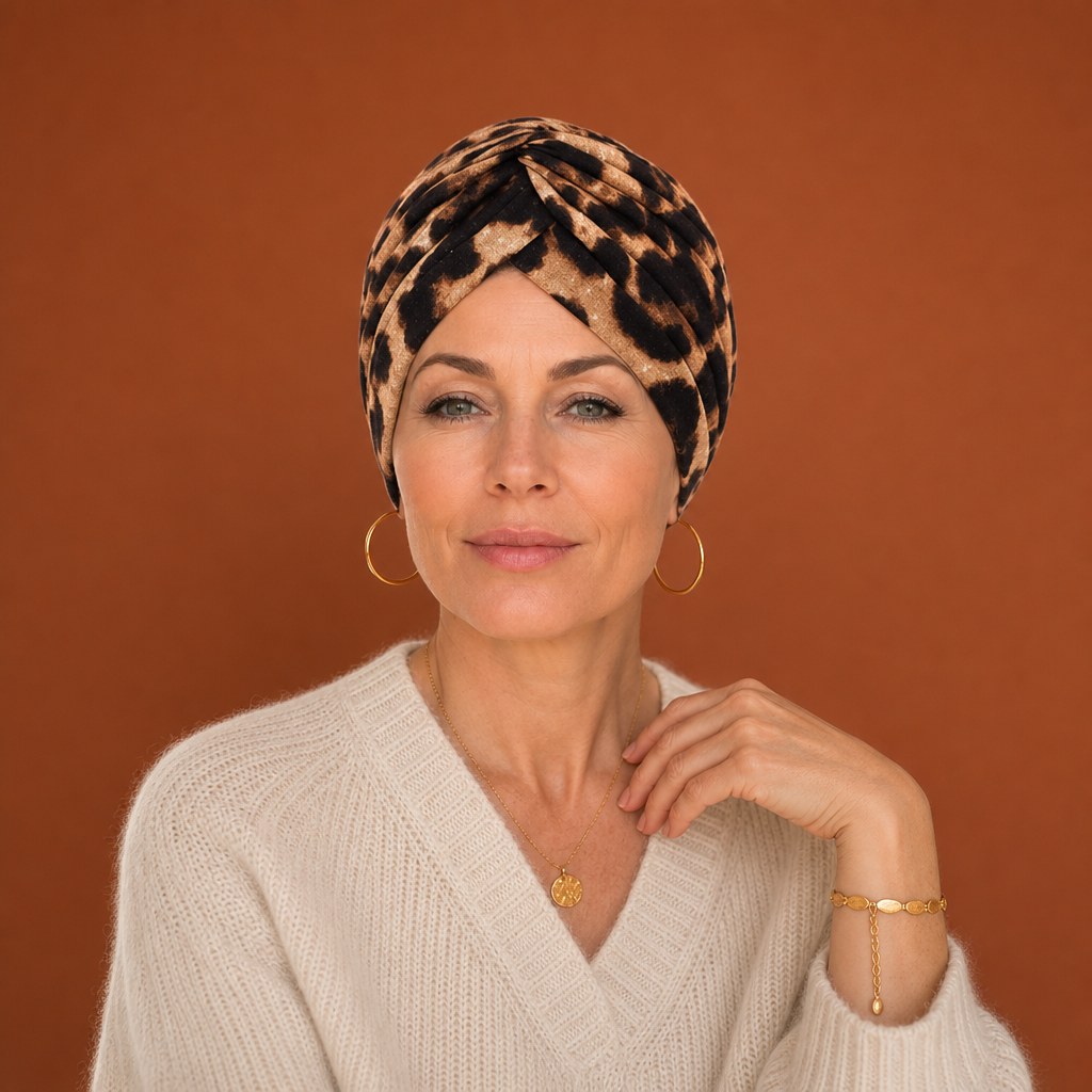 Turban Savane léopard porté, plan mi-corps, fond terracotta