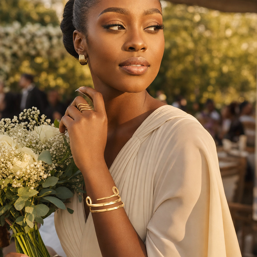 Duo Bracelet et Bague Ondulés porté invitée mariage — Cissey Clothing