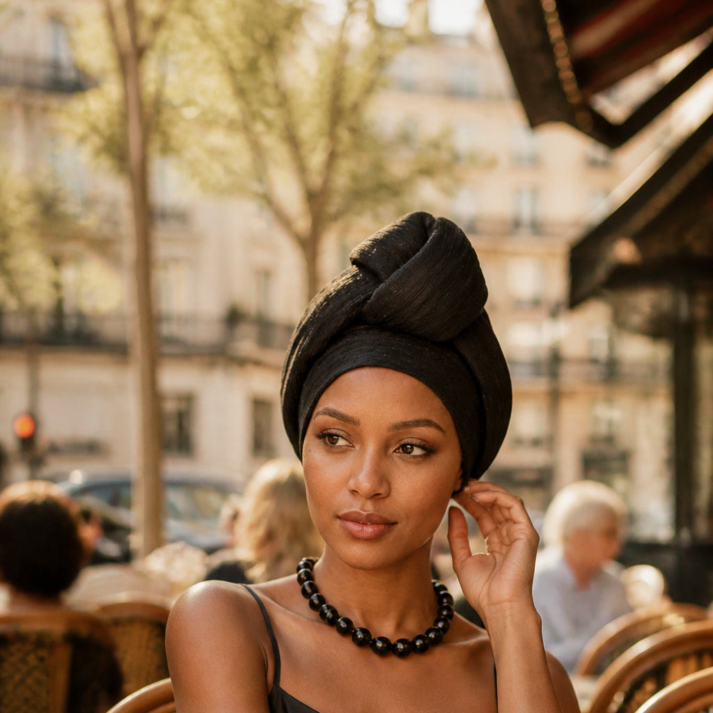 Turban Glam Knot noir porté en terrasse — turban satin femme prêt à porter