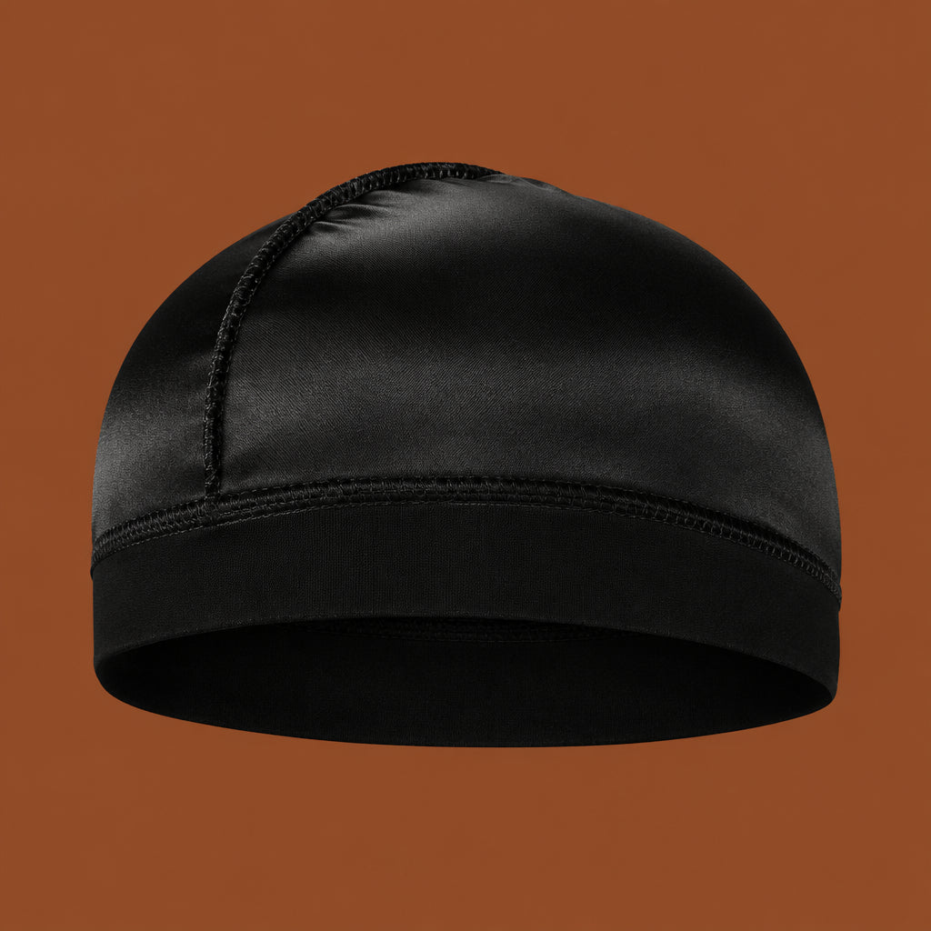 Wave cap durag satin noir Cissey sur fond marron