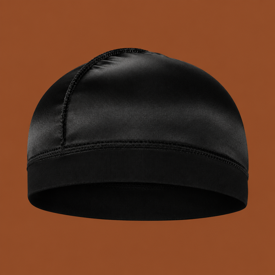 Wave cap durag satin noir Cissey sur fond marron