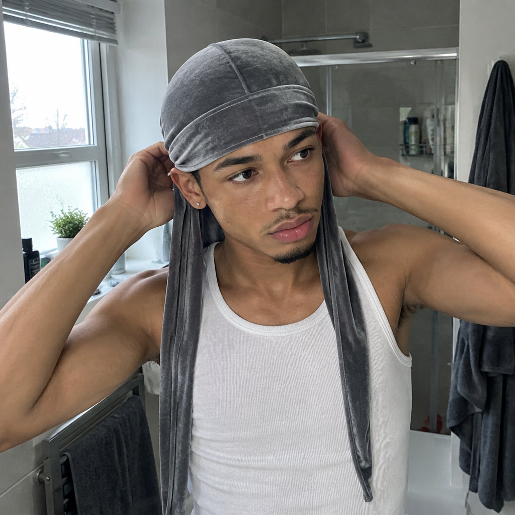 Homme portant un durag velours gris Cissey le matin