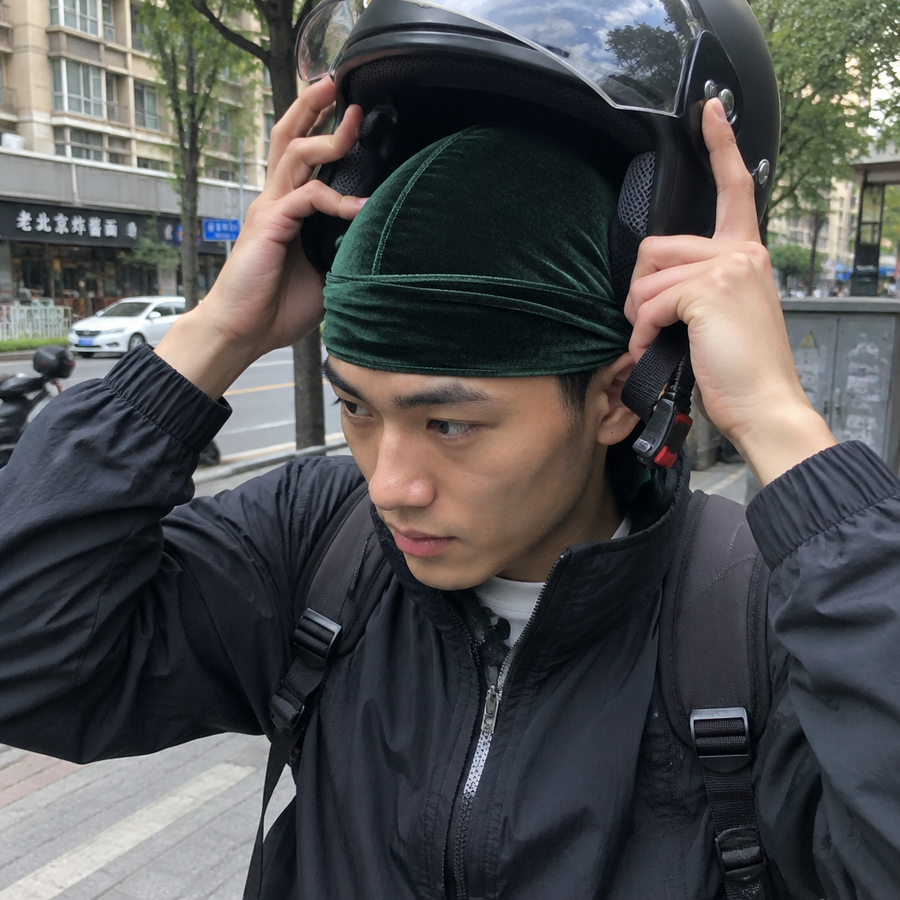 Homme portant un durag velours vert foncé Cissey sous un casque de moto