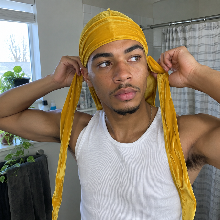 Homme portant un durag velours jaune Cissey le matin