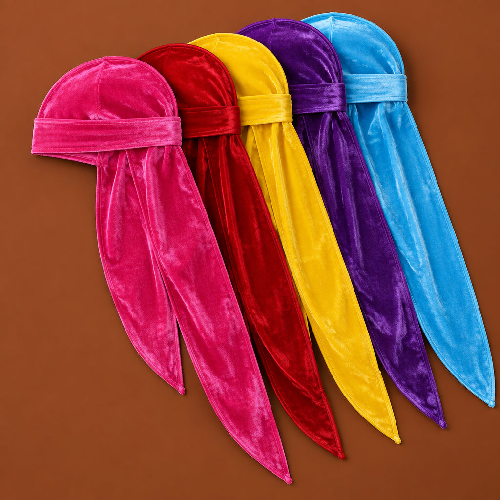 Durags velours Cissey 5 coloris flashy sur fond marron