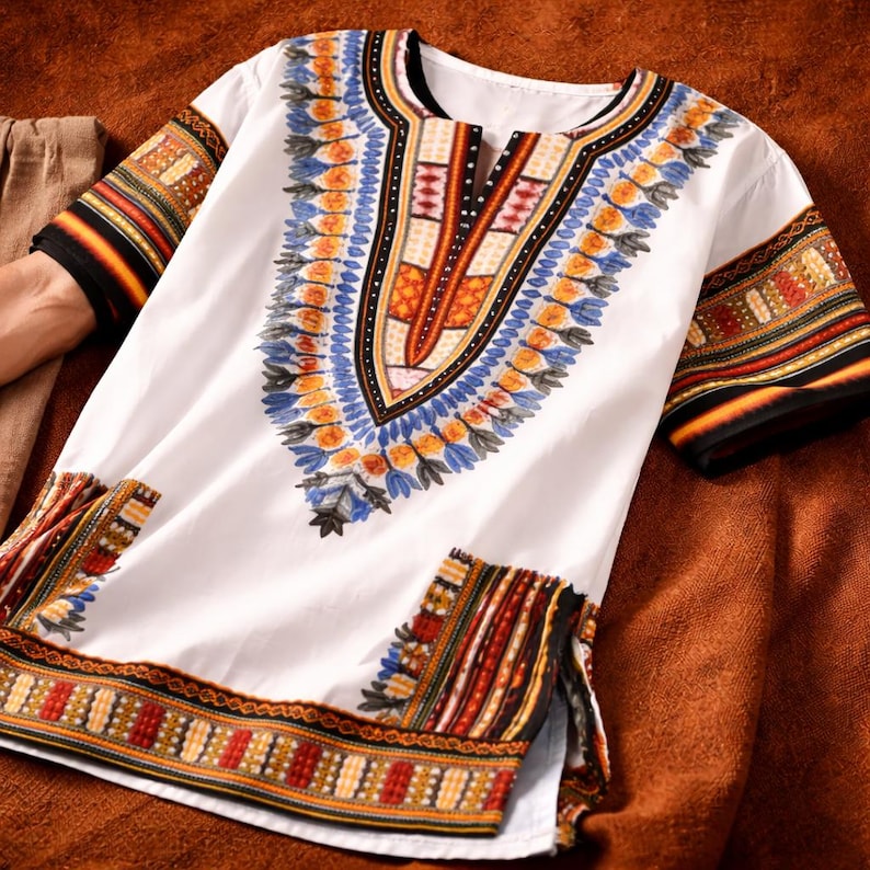Dashiki blanc à manches courtes avec motifs bleus, oranges et rouges