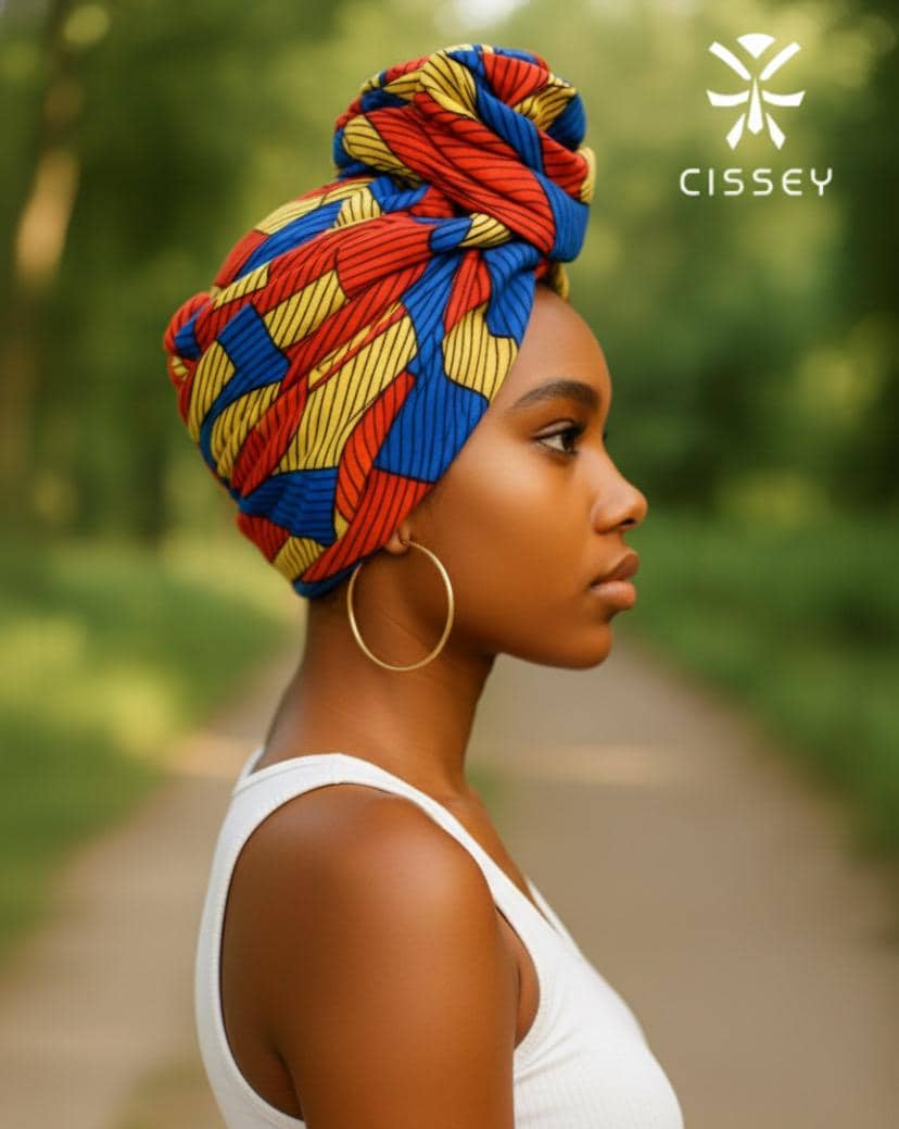 Profil d'une femme portant le foulard wax africain en turban, en extérieur
