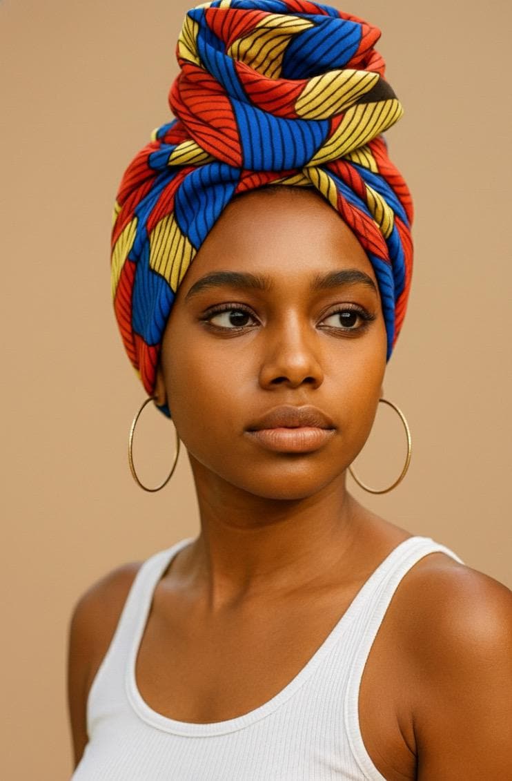 Femme portant le foulard wax africain noué en turban, motifs rouge bleu et jaune