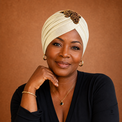 Turban Glam Pearl Cissey coloris Champagne porté